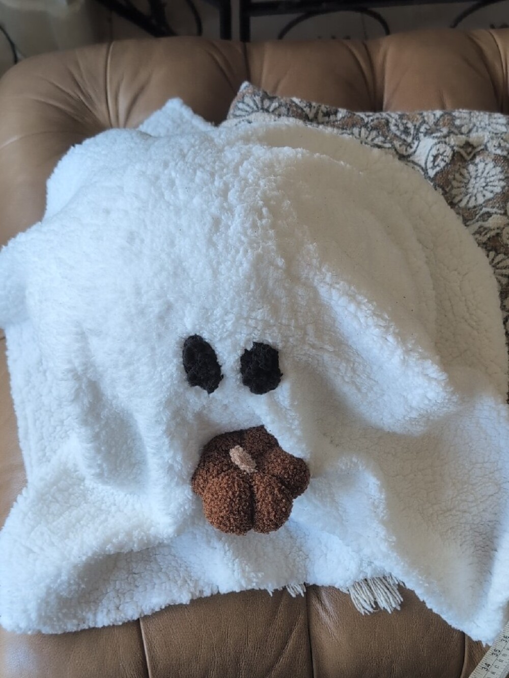 Cozy White Ghost Accent Pillow with Brown Pumpkin - Picture 2 of 5